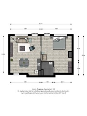 Oversingel - plattegrond 2 persoons app - 61 m2